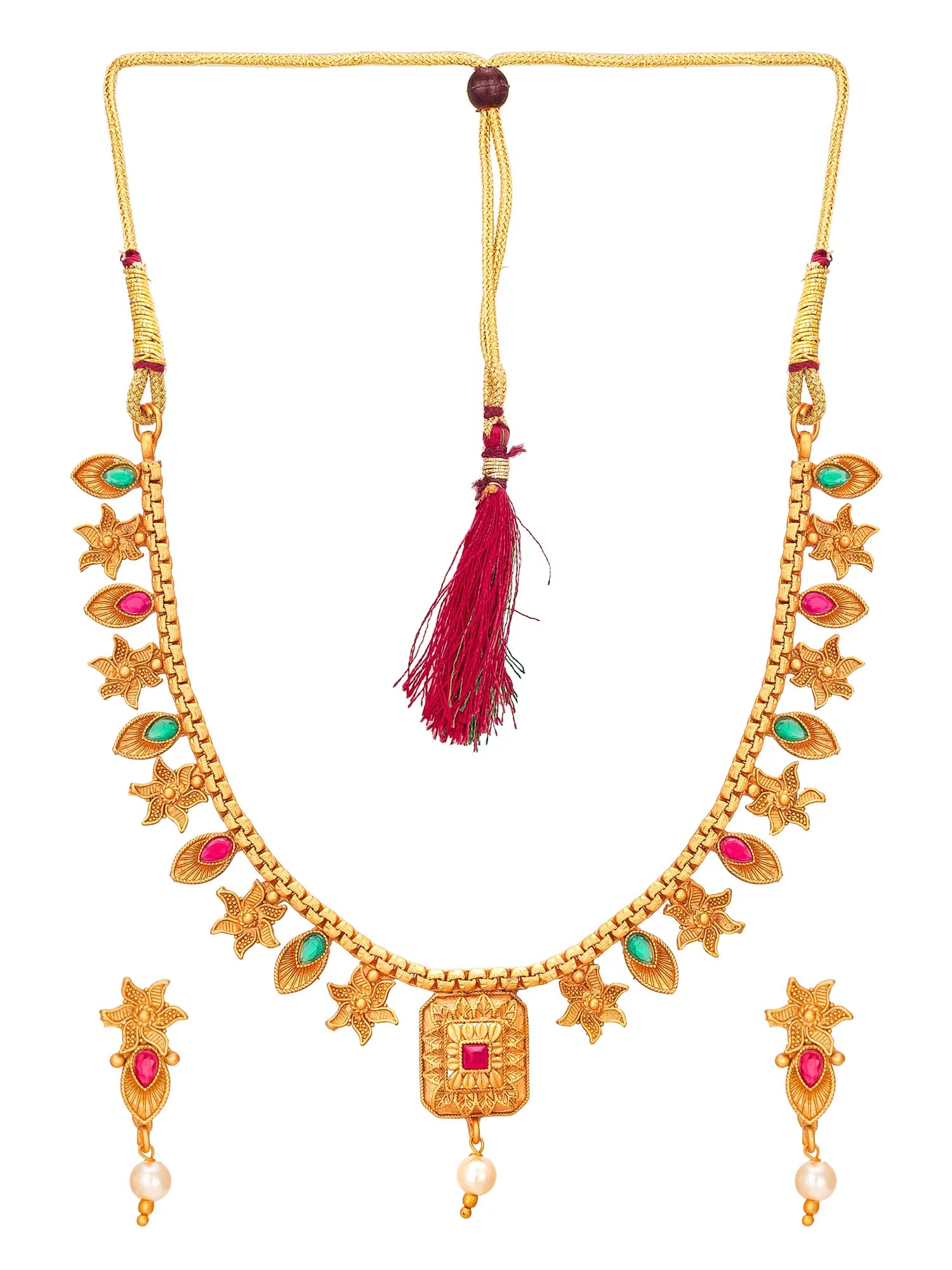 Gold-plated Indian style necklace and matching earrings with turquoise and pink stone accents, a central square pendant, and a red tassel on the necklace, shown on a white background.