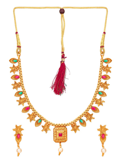 Gold-plated Indian style necklace and matching earrings with turquoise and pink stone accents, a central square pendant, and a red tassel on the necklace, shown on a white background.