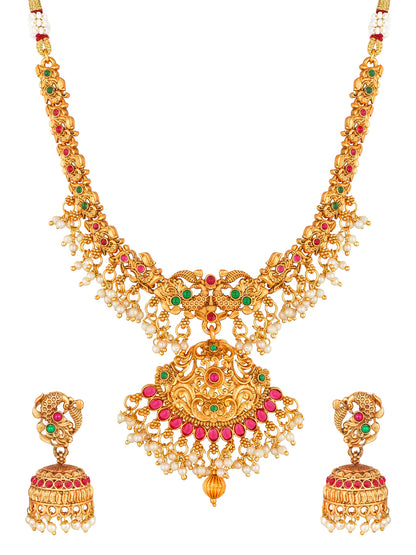 Aadita Antique Gold Temple Necklace Set with Elephant Motif Chain, Stones and Pearl Drops With Earrings