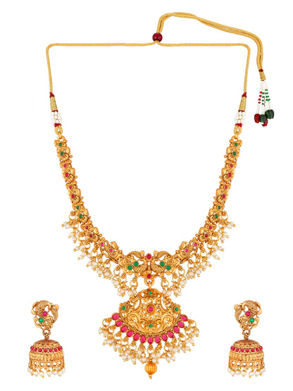 Aadita Antique Gold Temple Necklace Set with Elephant Motif Chain, Stones and Pearl Drops With Earrings