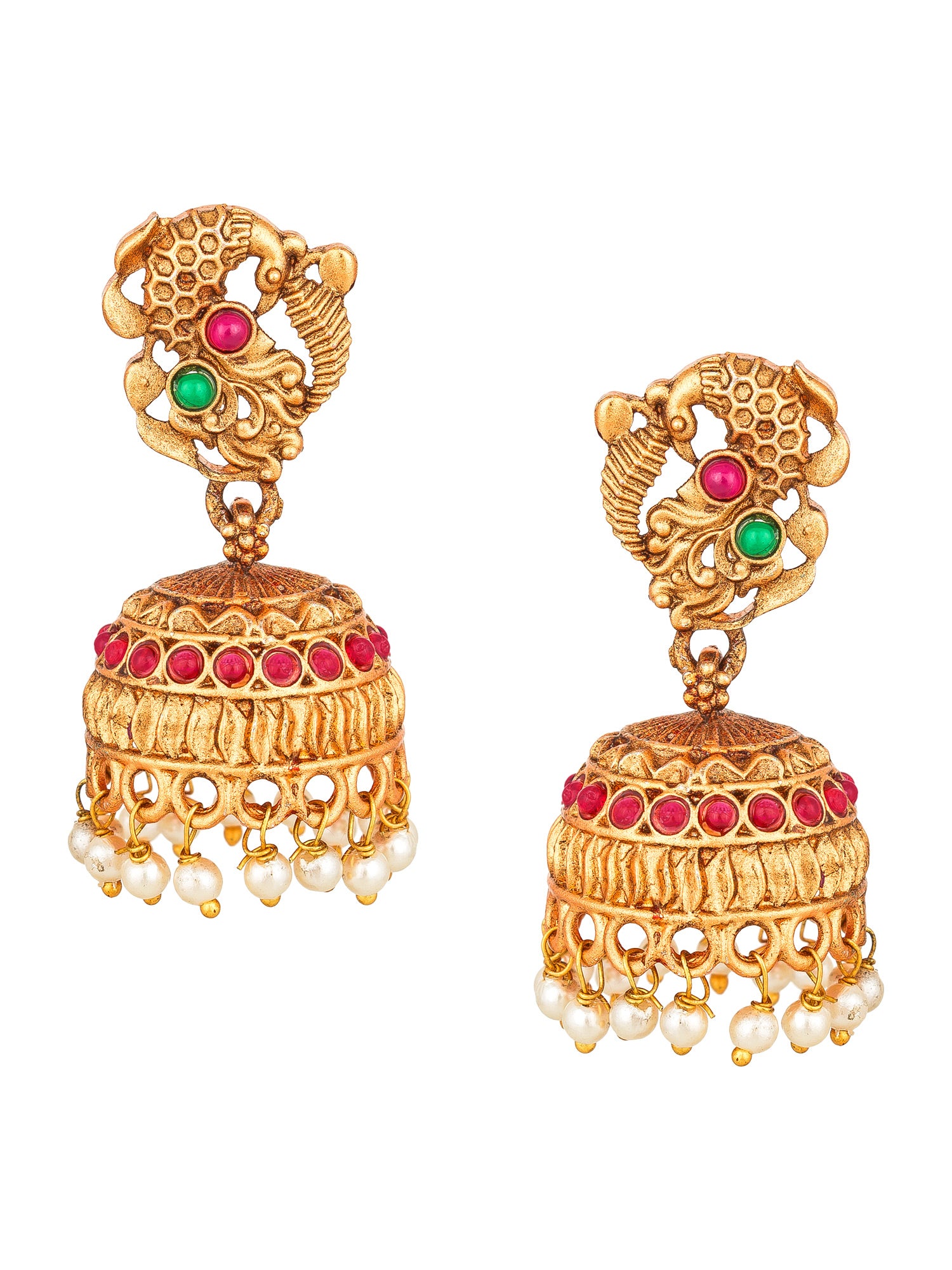 Aadita Antique Gold Temple Necklace Set with Elephant Motif Chain, Stones and Pearl Drops With Earrings