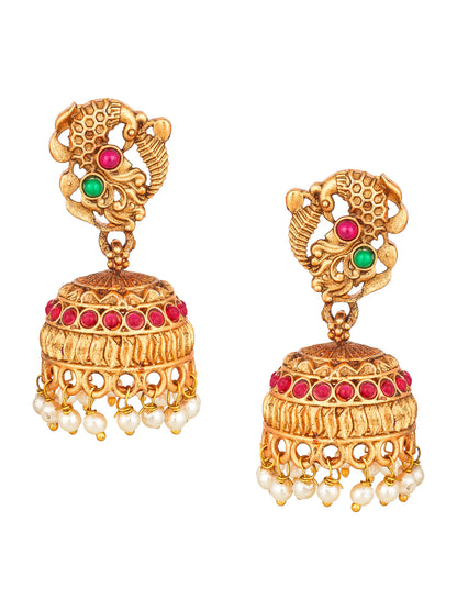 Aadita Antique Gold Temple Necklace Set with Elephant Motif Chain, Stones and Pearl Drops With Earrings