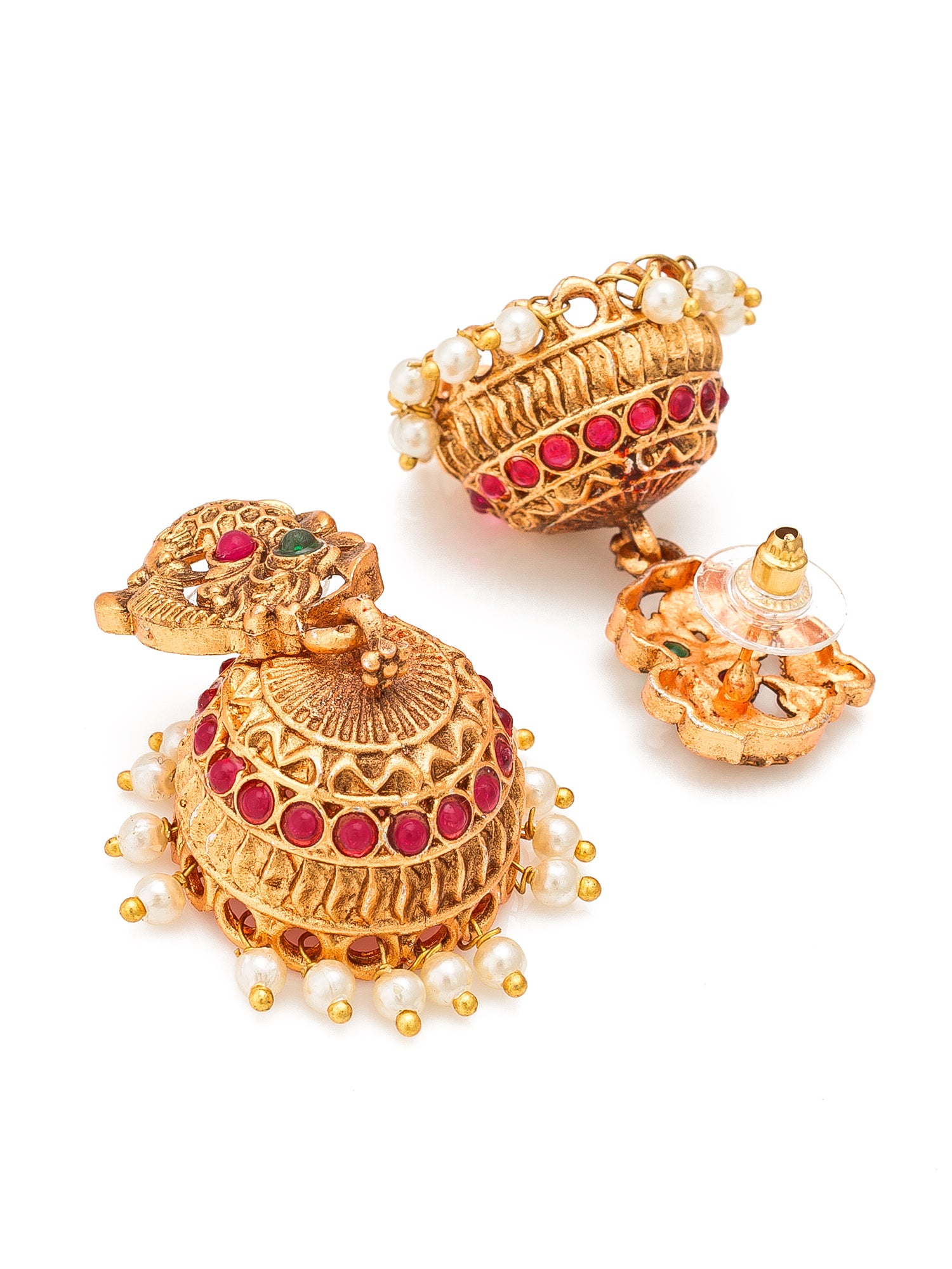 Aadita Antique Gold Temple Necklace Set with Elephant Motif Chain, Stones and Pearl Drops With Earrings