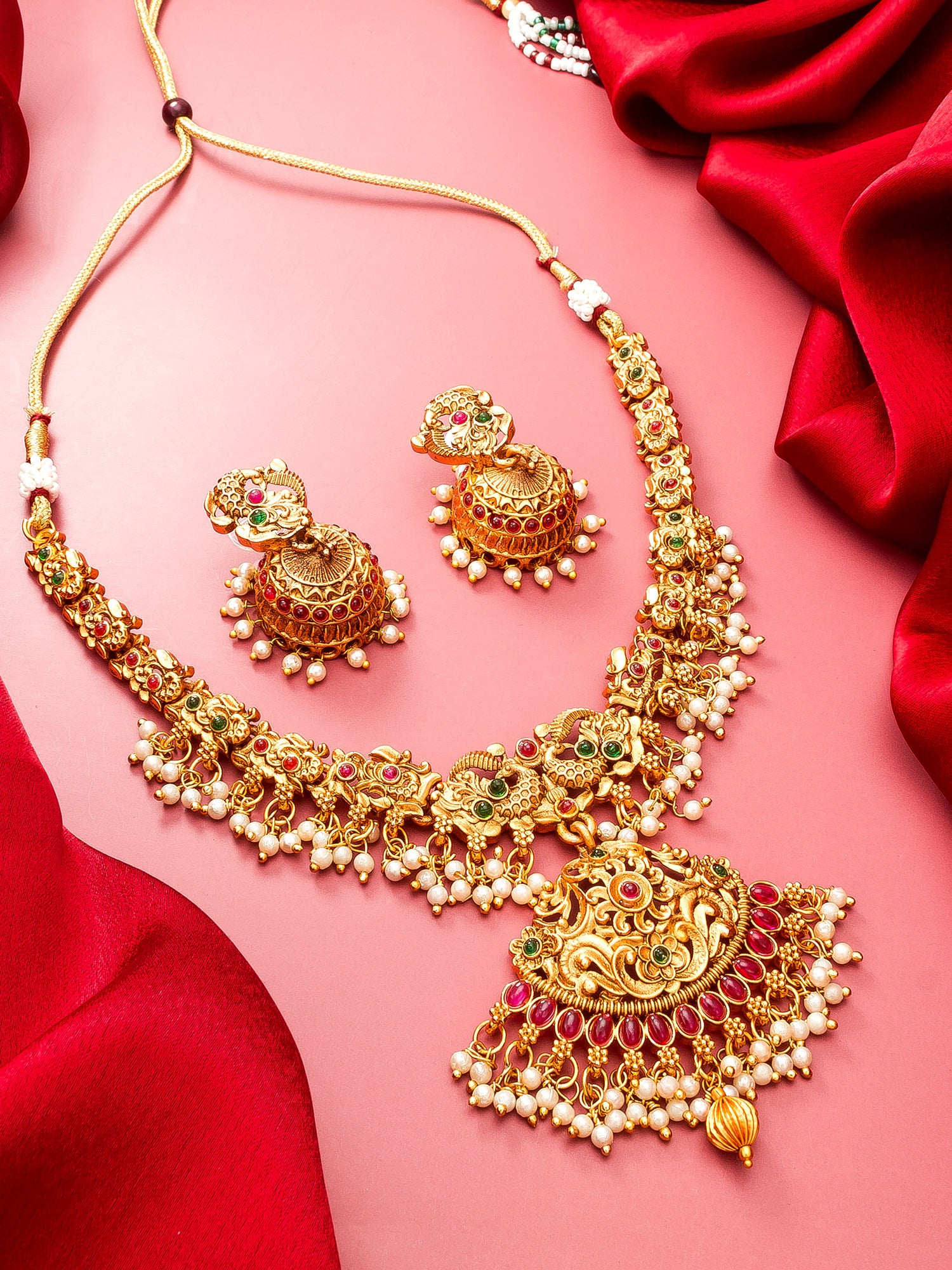 Aadita Antique Gold Temple Necklace Set with Elephant Motif Chain, Stones and Pearl Drops With Earrings