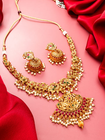 Aadita Antique Gold Temple Necklace Set with Elephant Motif Chain, Stones and Pearl Drops With Earrings