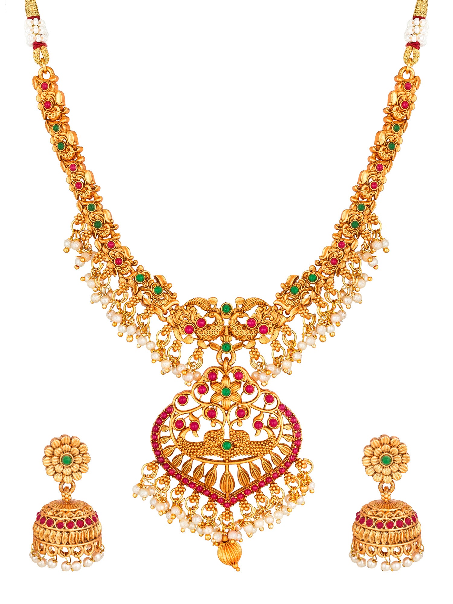 Aadita Gold-Tone Peacock Necklace Set with Emerald Stones and Jhumka Earrings