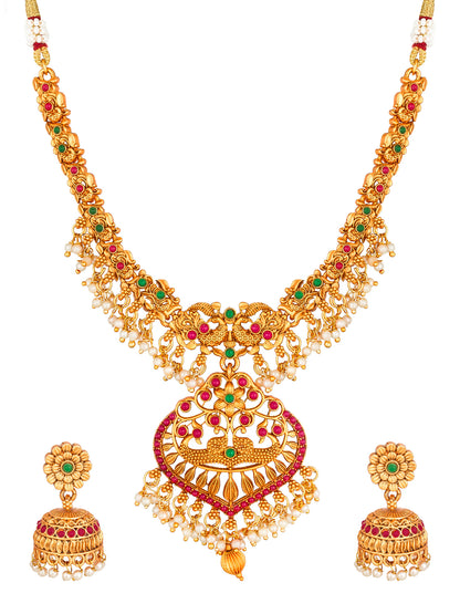Aadita Gold-Tone Peacock Necklace Set with Emerald Stones and Jhumka Earrings