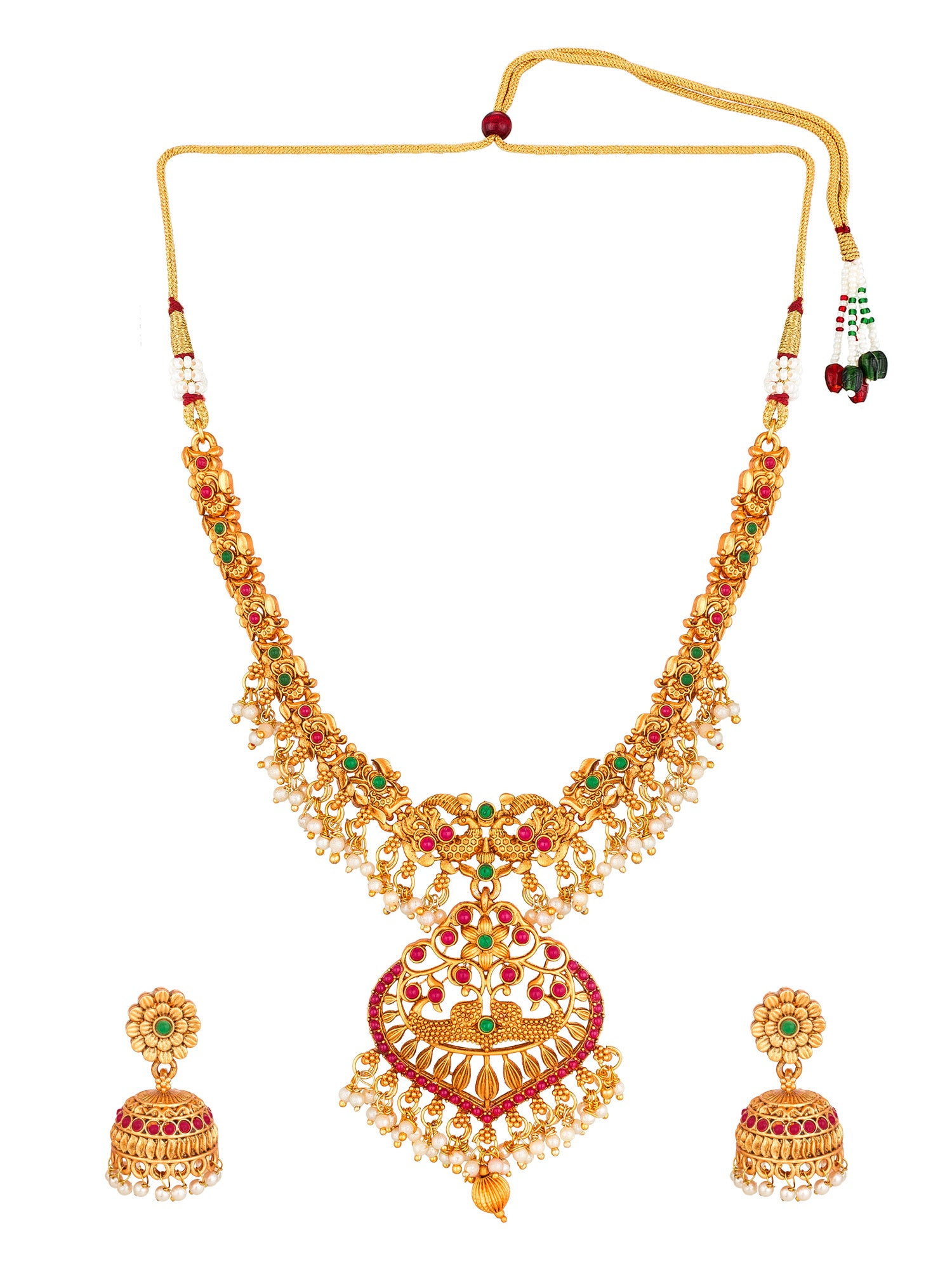 Aadita Gold-Tone Peacock Necklace Set with Emerald Stones and Jhumka Earrings