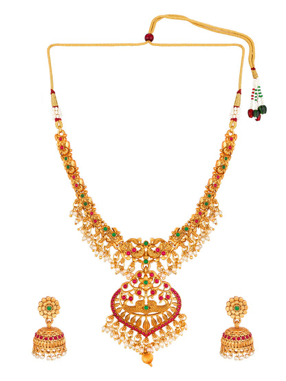 Aadita Gold-Tone Peacock Necklace Set with Emerald Stones and Jhumka Earrings