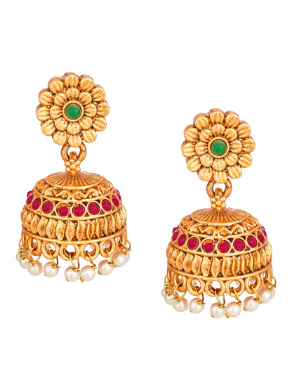 Aadita Gold-Tone Peacock Necklace Set with Emerald Stones and Jhumka Earrings