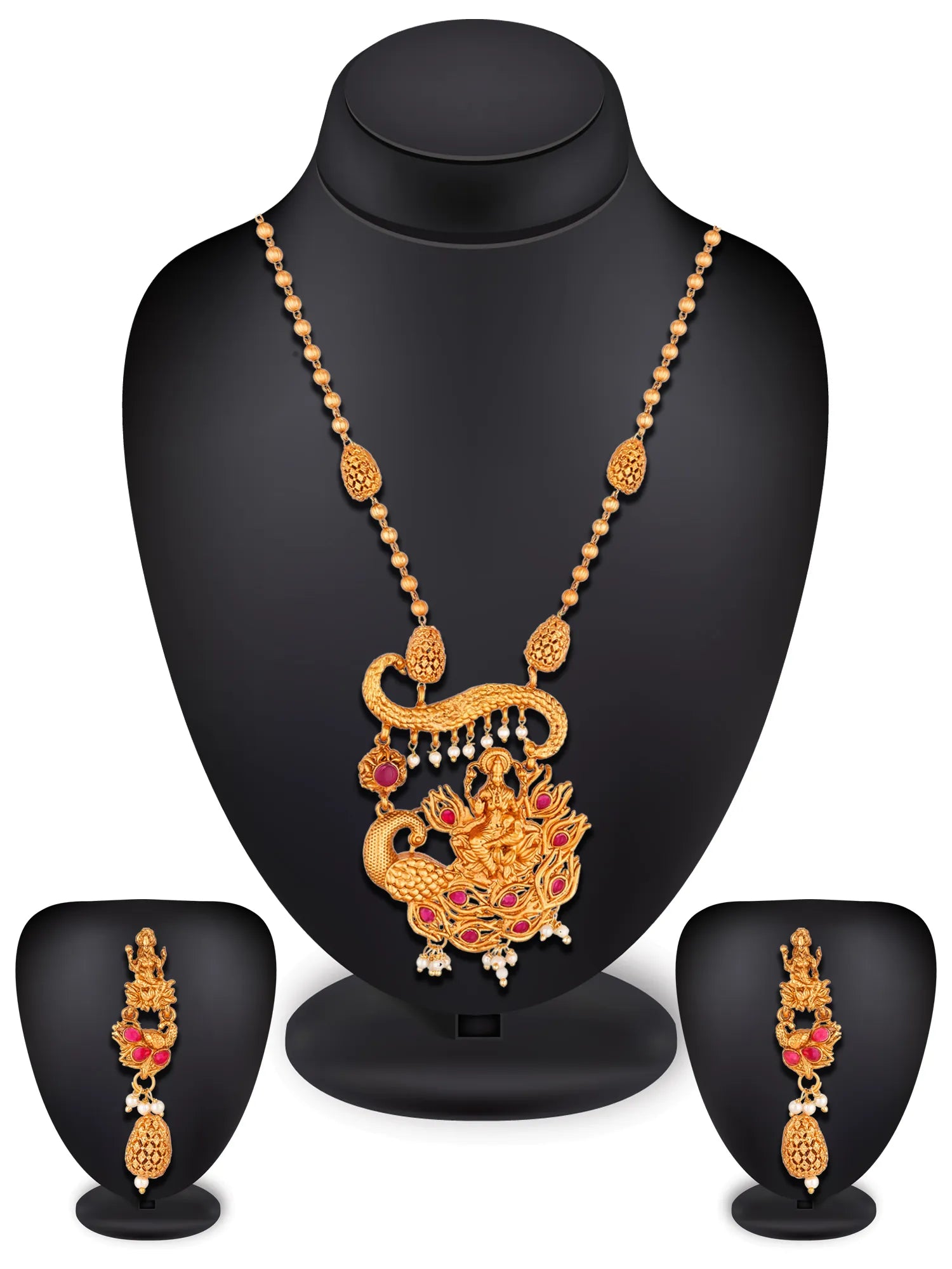 Gold-toned traditional necklace and matching earrings displayed on black mannequin stands against a white background.