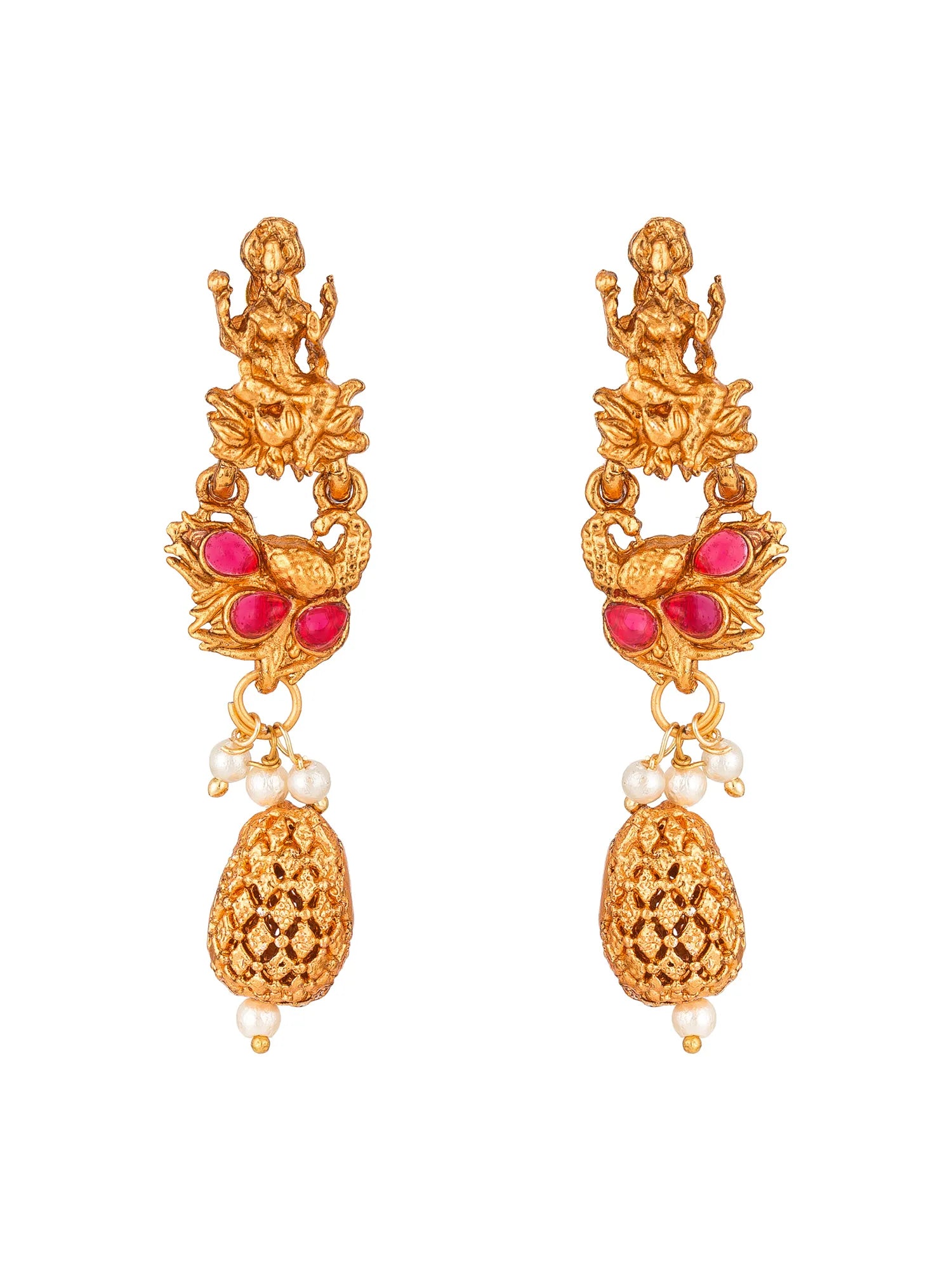 A pair of gold-toned traditional Indian jhumka earrings featuring a deity motif, pink gemstone accents, and dangling pearl beads on a plain white background.