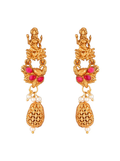 A pair of gold-toned traditional Indian jhumka earrings featuring a deity motif, pink gemstone accents, and dangling pearl beads on a plain white background.
