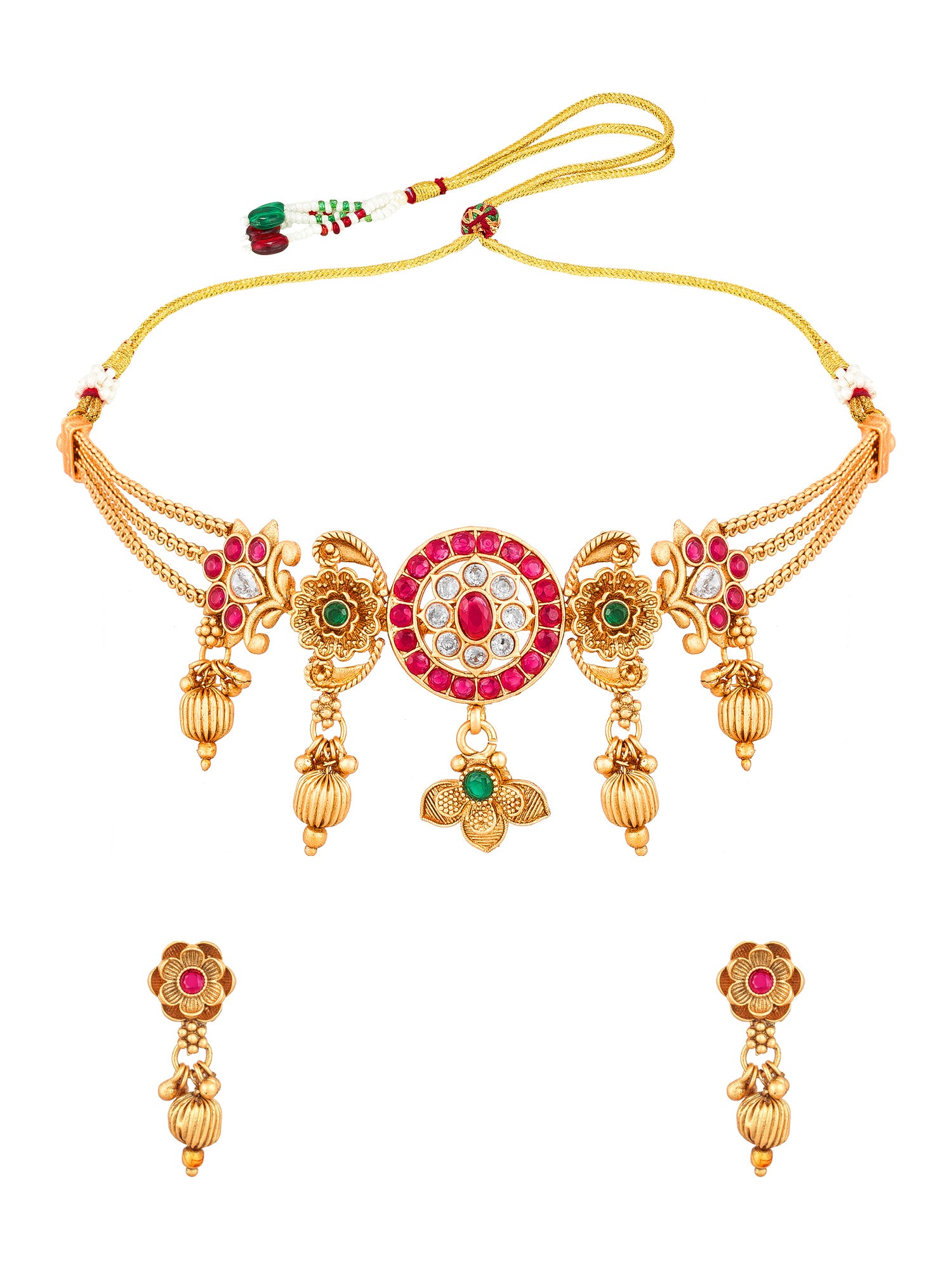 Aadita Antique Gold Kundan Choker Necklace Set with Stones and Dangle Earrings