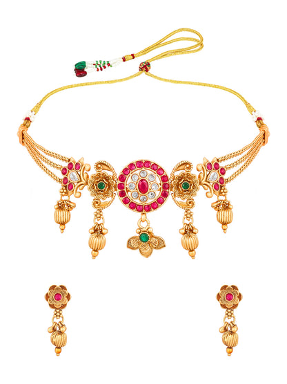 Aadita Antique Gold Kundan Choker Necklace Set with Stones and Dangle Earrings