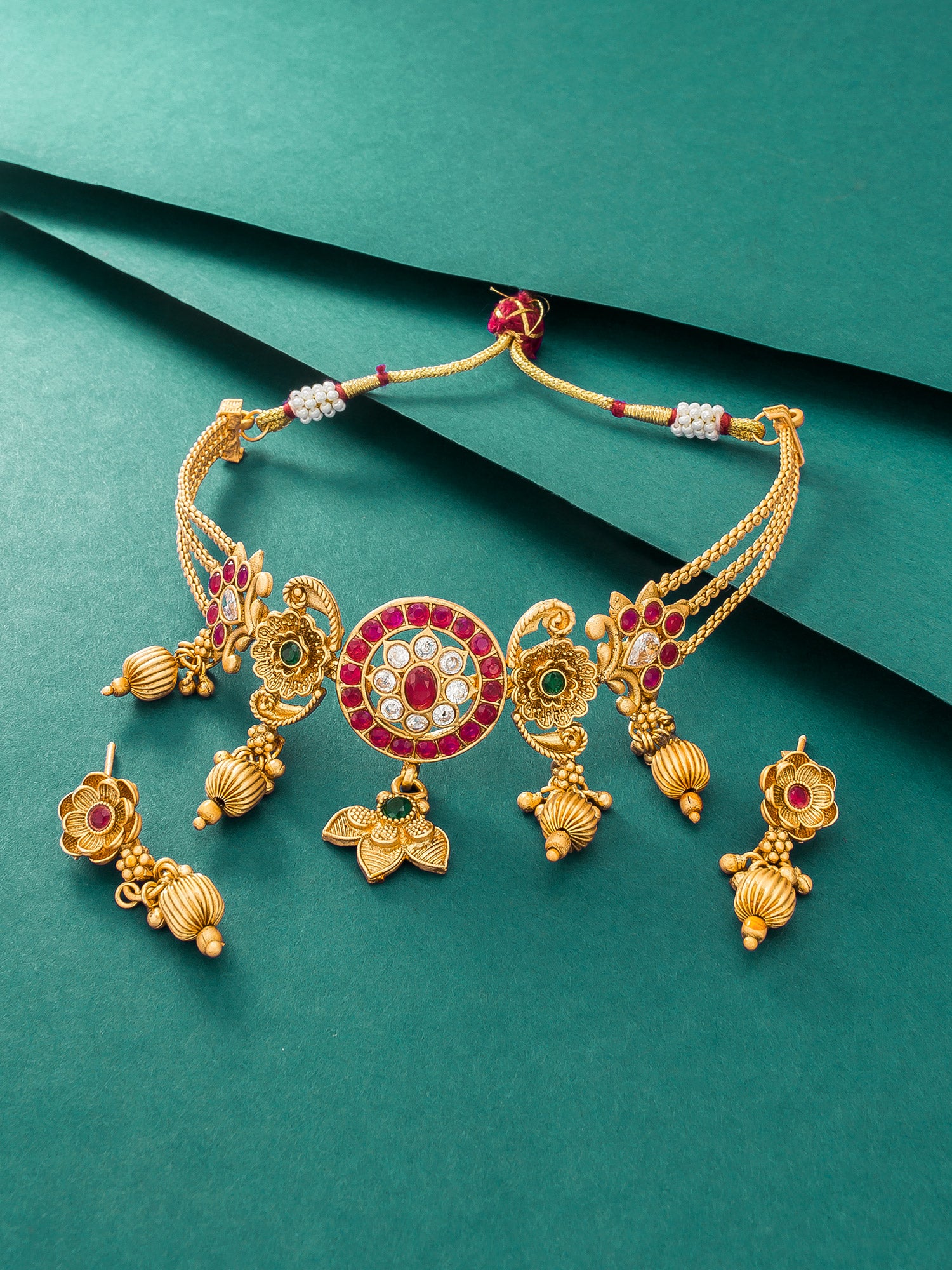 Aadita Antique Gold Kundan Choker Necklace Set with Stones and Dangle Earrings