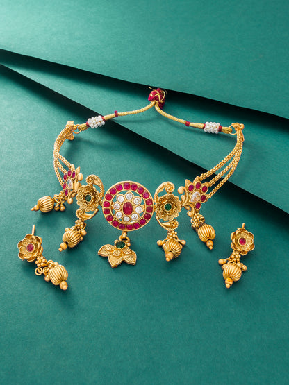 Aadita Antique Gold Kundan Choker Necklace Set with Stones and Dangle Earrings