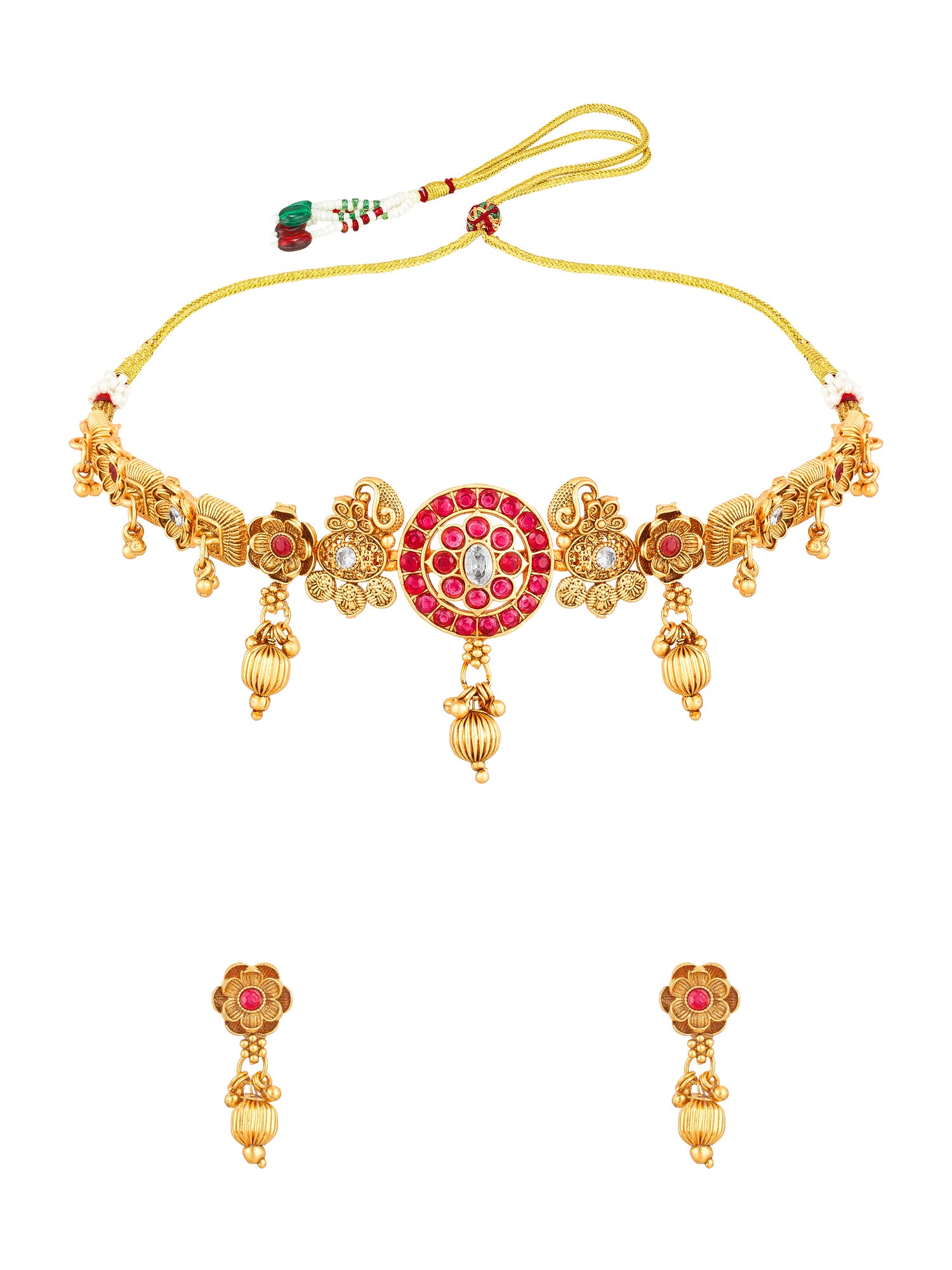 Aadita Gold-Toned Peacock Motif Choker Necklace Set with Kundan Pink Stone Disc Pendant and Drop Earrings