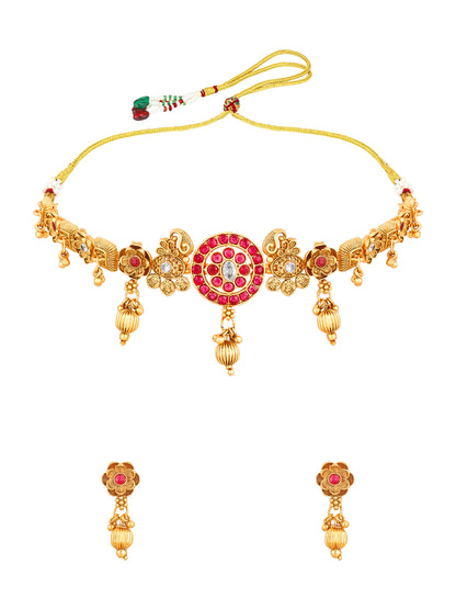 Aadita Gold-Toned Peacock Motif Choker Necklace Set with Kundan Pink Stone Disc Pendant and Drop Earrings