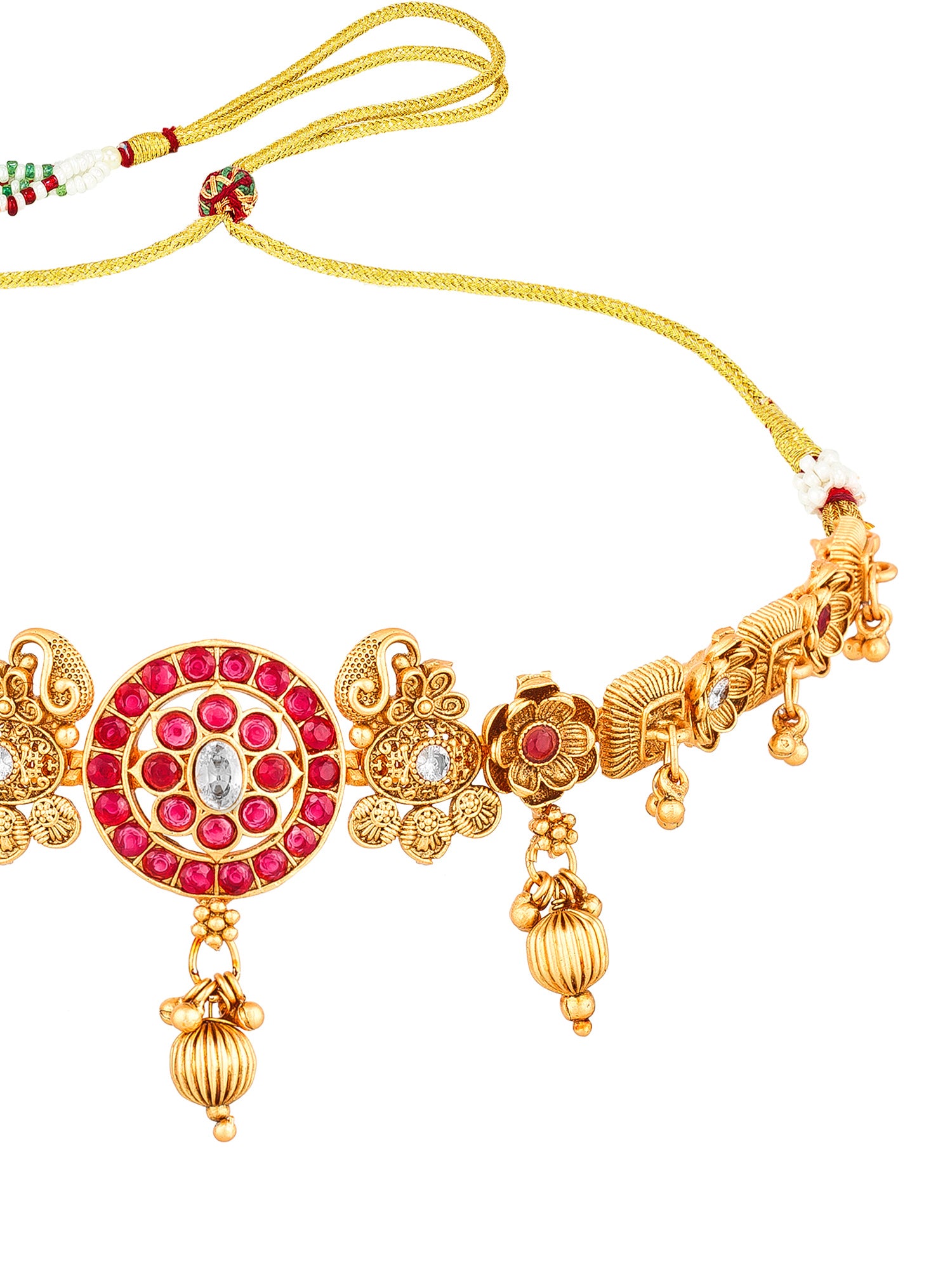 Aadita Gold-Toned Peacock Motif Choker Necklace Set with Kundan Pink Stone Disc Pendant and Drop Earrings