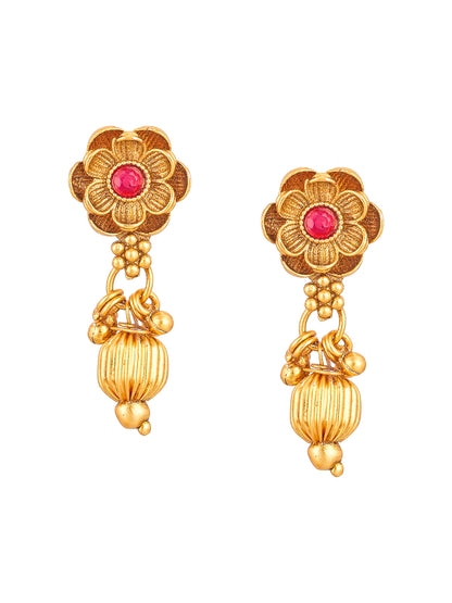 Aadita Gold-Toned Peacock Motif Choker Necklace Set with Kundan Pink Stone Disc Pendant and Drop Earrings