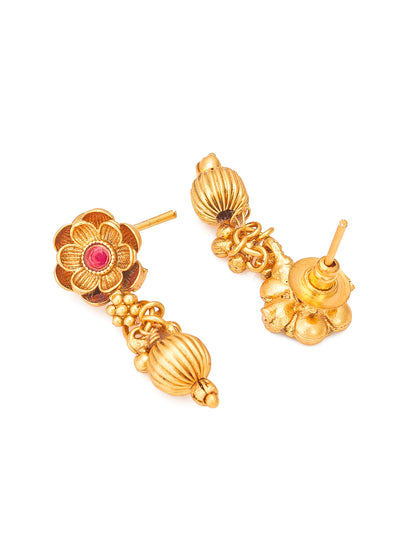 Aadita Gold-Toned Peacock Motif Choker Necklace Set with Kundan Pink Stone Disc Pendant and Drop Earrings