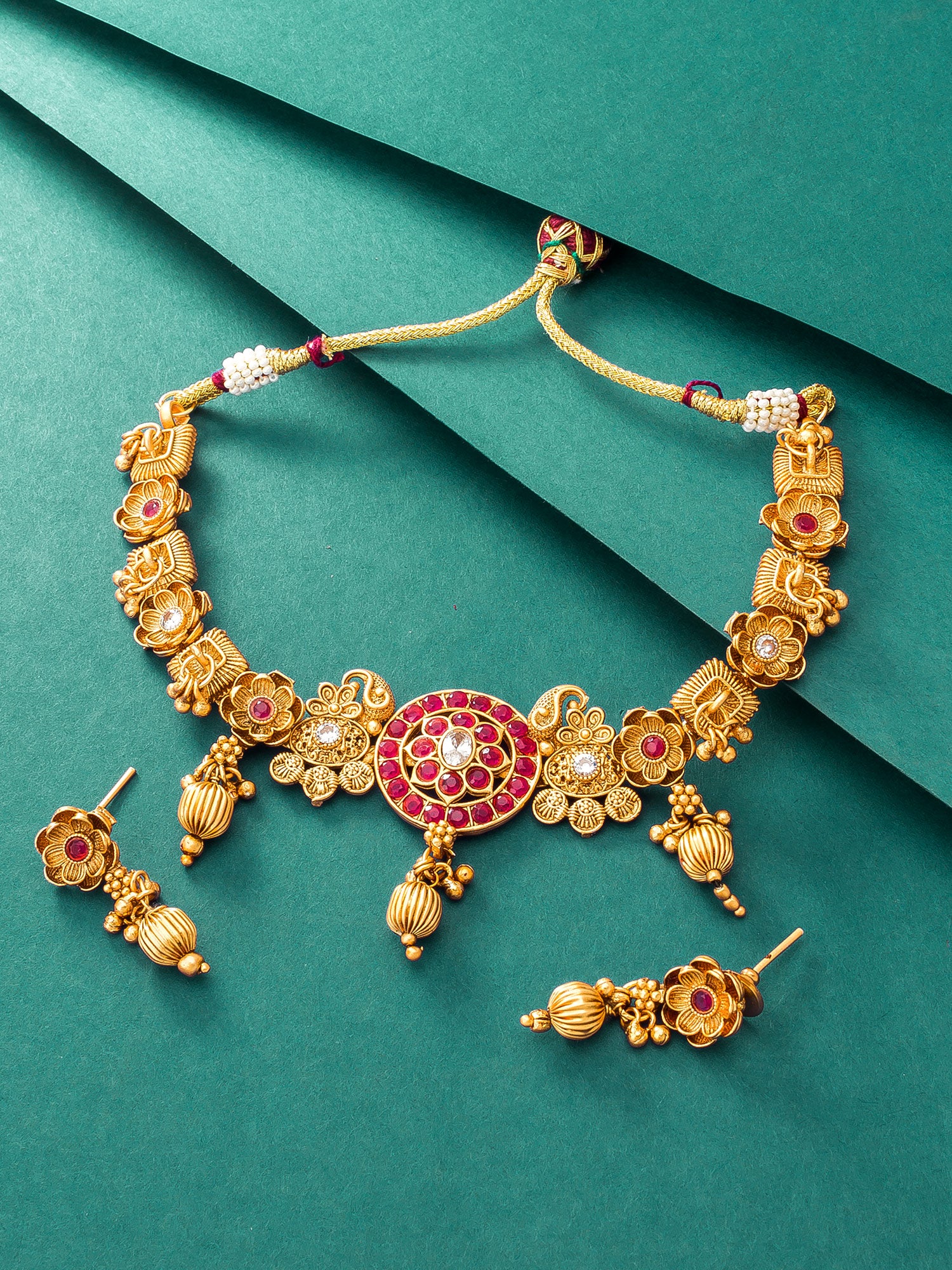 Aadita Gold-Toned Peacock Motif Choker Necklace Set with Kundan Pink Stone Disc Pendant and Drop Earrings