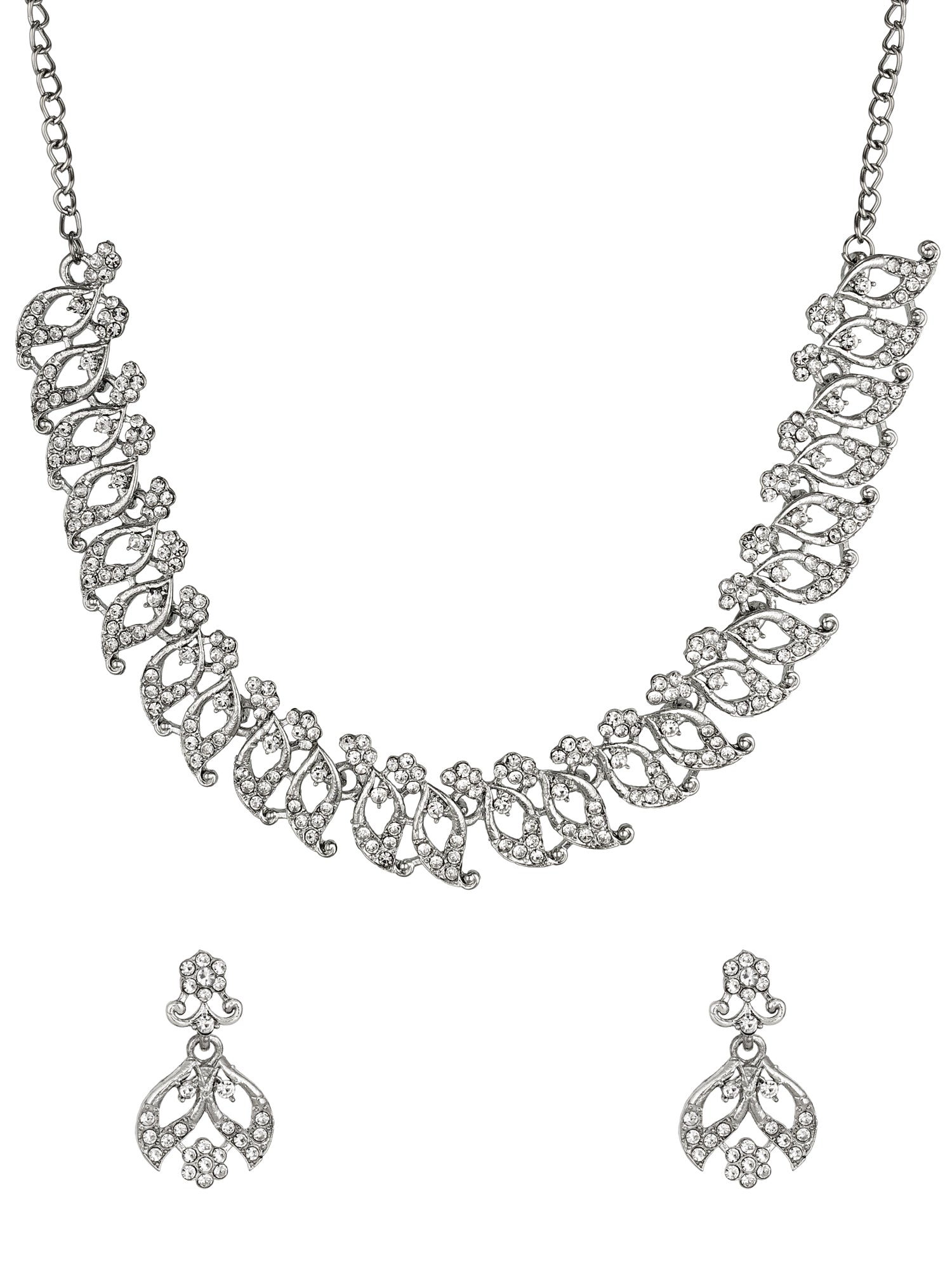 Aadita Party Wear Silver AD Stone Leaf and Floral Necklace Set with Matching Drop Earrings