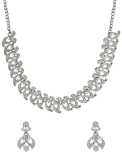 Aadita Party Wear Silver AD Stone Leaf and Floral Necklace Set with Matching Drop Earrings