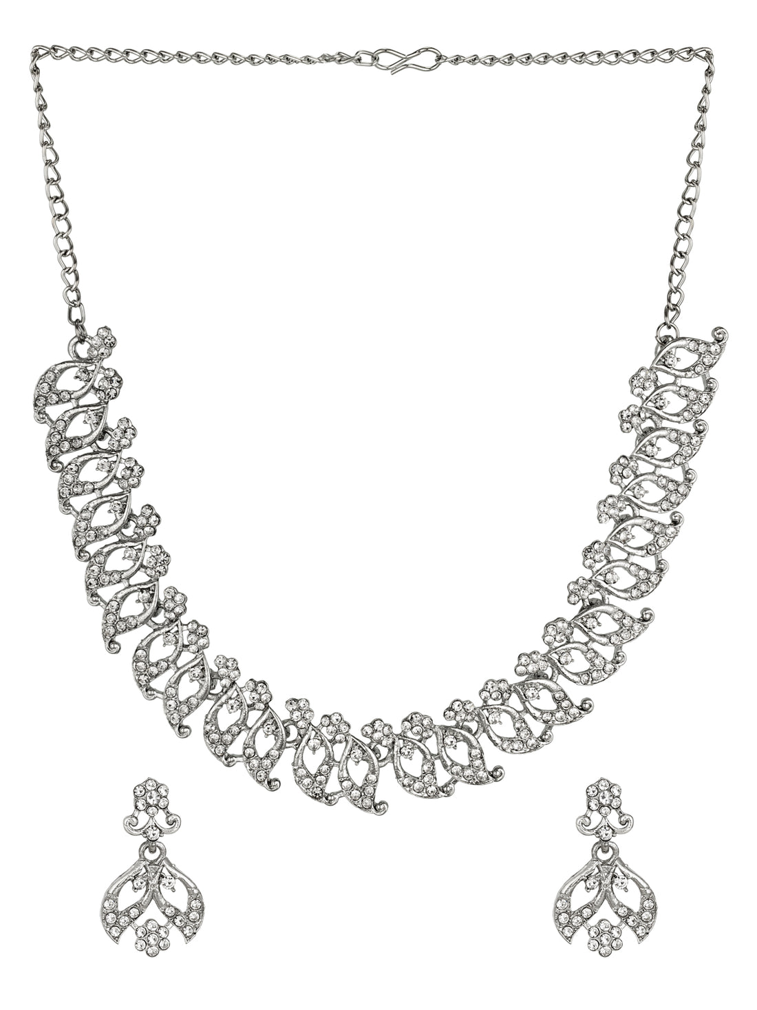 Aadita Party Wear Silver AD Stone Leaf and Floral Necklace Set with Matching Drop Earrings