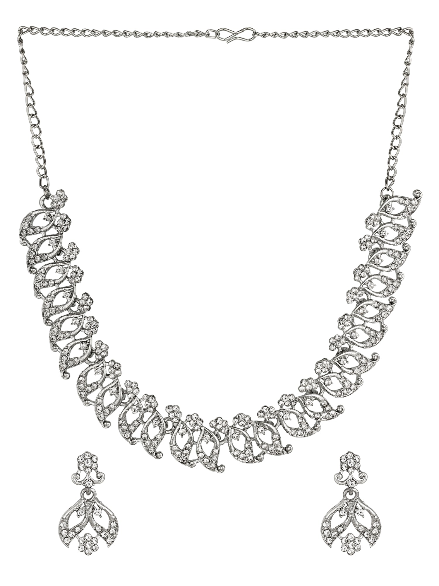 Aadita Party Wear Silver AD Stone Leaf and Floral Necklace Set with Matching Drop Earrings