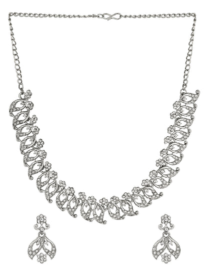 Aadita Party Wear Silver AD Stone Leaf and Floral Necklace Set with Matching Drop Earrings
