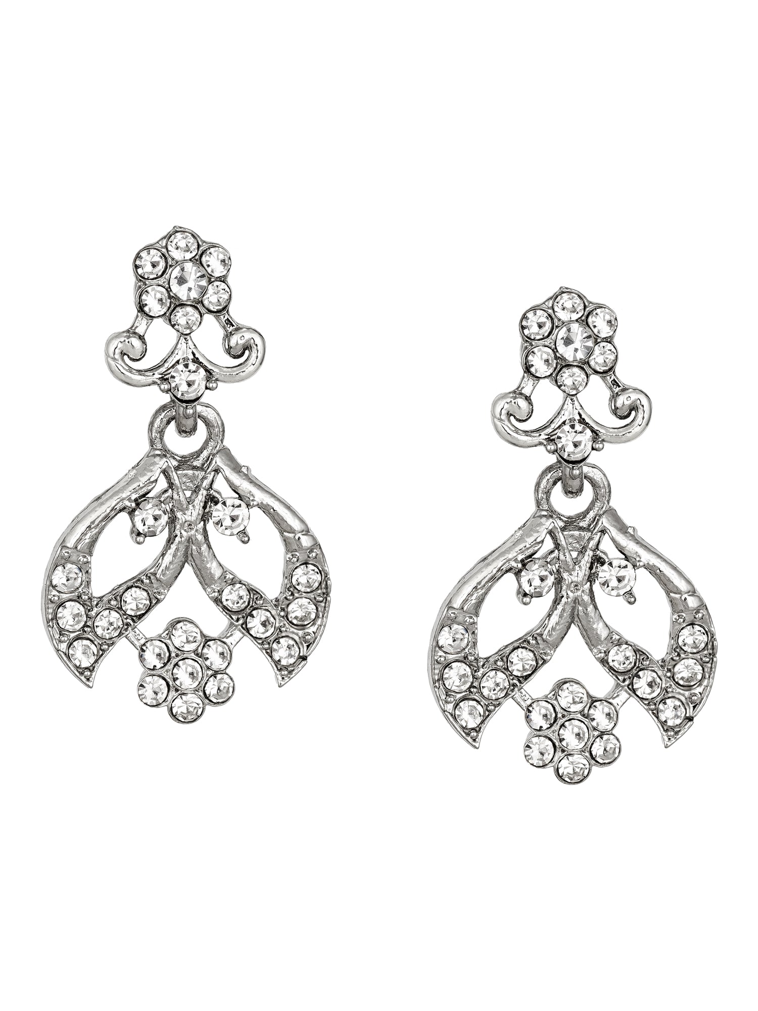 Aadita Party Wear Silver AD Stone Leaf and Floral Necklace Set with Matching Drop Earrings