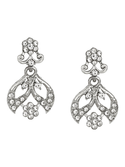 Aadita Party Wear Silver AD Stone Leaf and Floral Necklace Set with Matching Drop Earrings