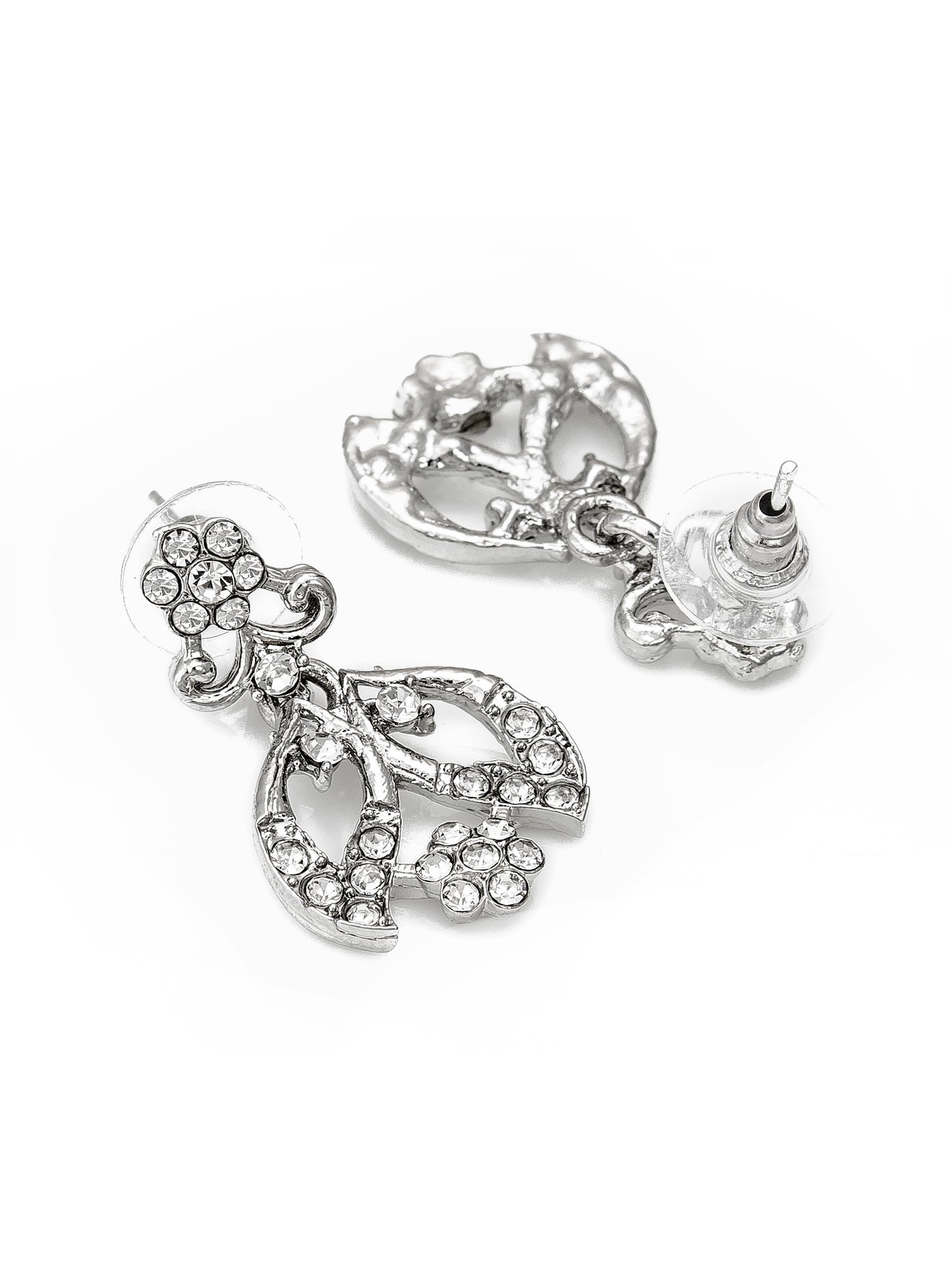Aadita Party Wear Silver AD Stone Leaf and Floral Necklace Set with Matching Drop Earrings