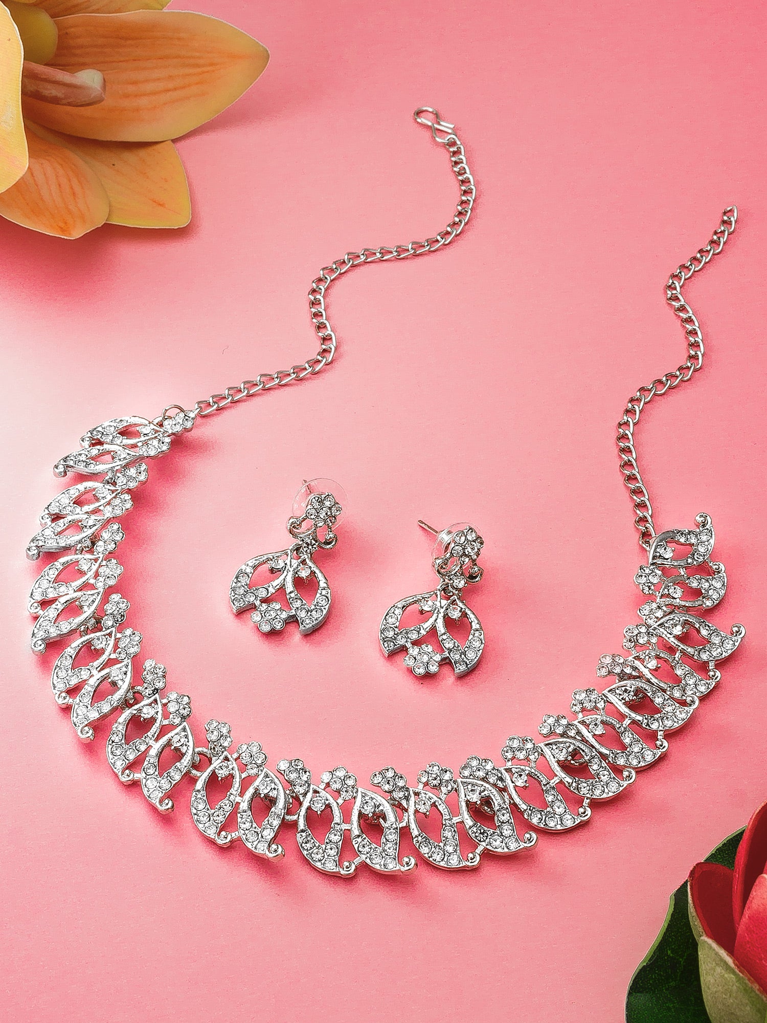 Aadita Party Wear Silver AD Stone Leaf and Floral Necklace Set with Matching Drop Earrings