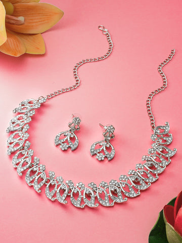 Aadita Party Wear Silver AD Stone Leaf and Floral Necklace Set with Matching Drop Earrings