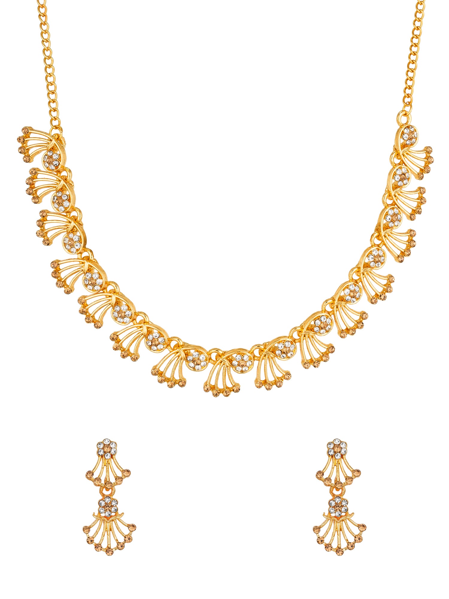 Aadita Festive Wear Gold-Toned AD Stone Fan Motif Necklace Set with Matching Earrings