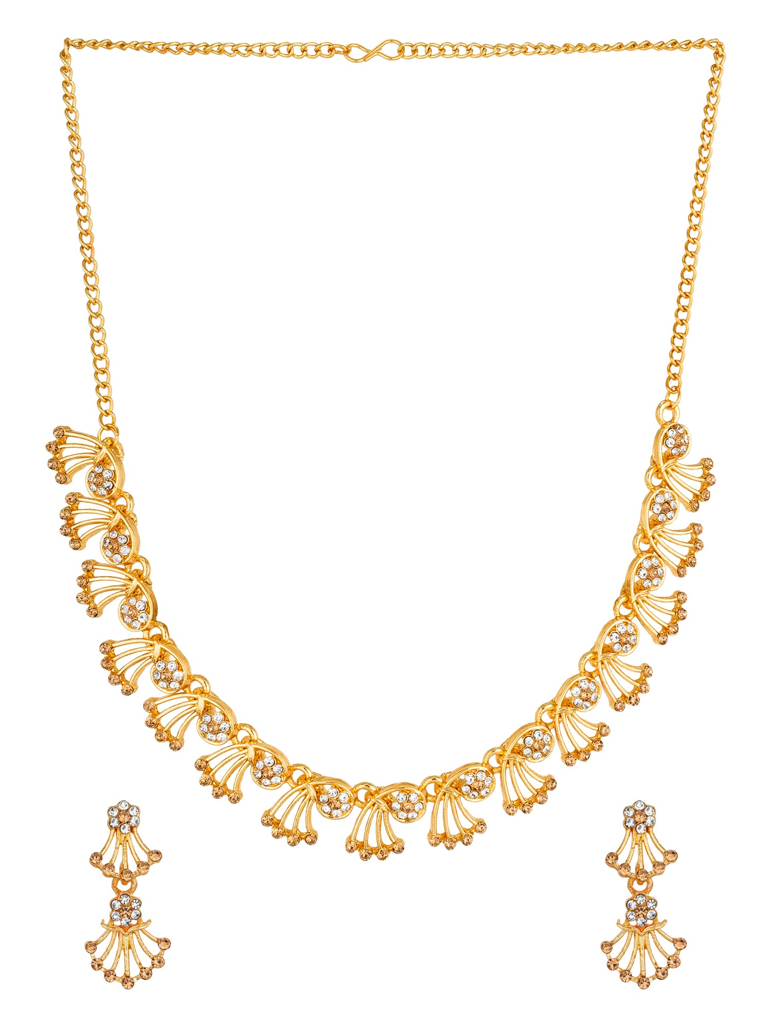 Aadita Festive Wear Gold-Toned AD Stone Fan Motif Necklace Set with Matching Earrings