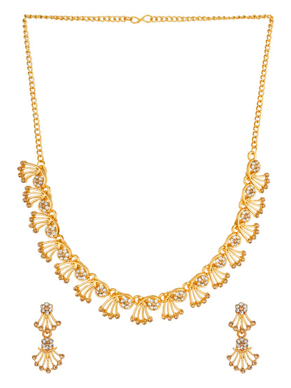Aadita Festive Wear Gold-Toned AD Stone Fan Motif Necklace Set with Matching Earrings
