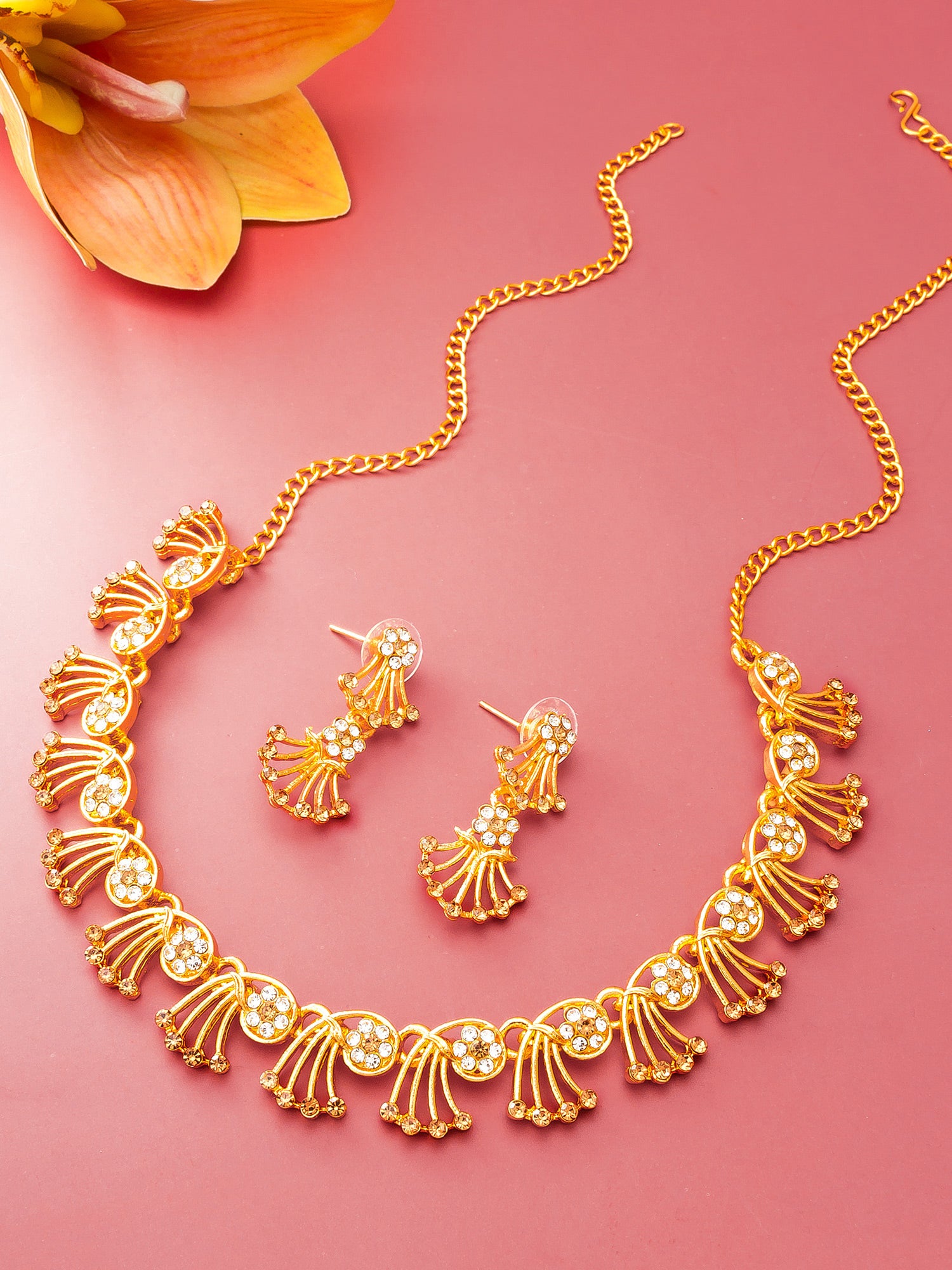 Aadita Festive Wear Gold-Toned AD Stone Fan Motif Necklace Set with Matching Earrings