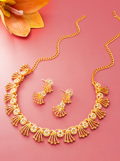 Aadita Festive Wear Gold-Toned AD Stone Fan Motif Necklace Set with Matching Earrings