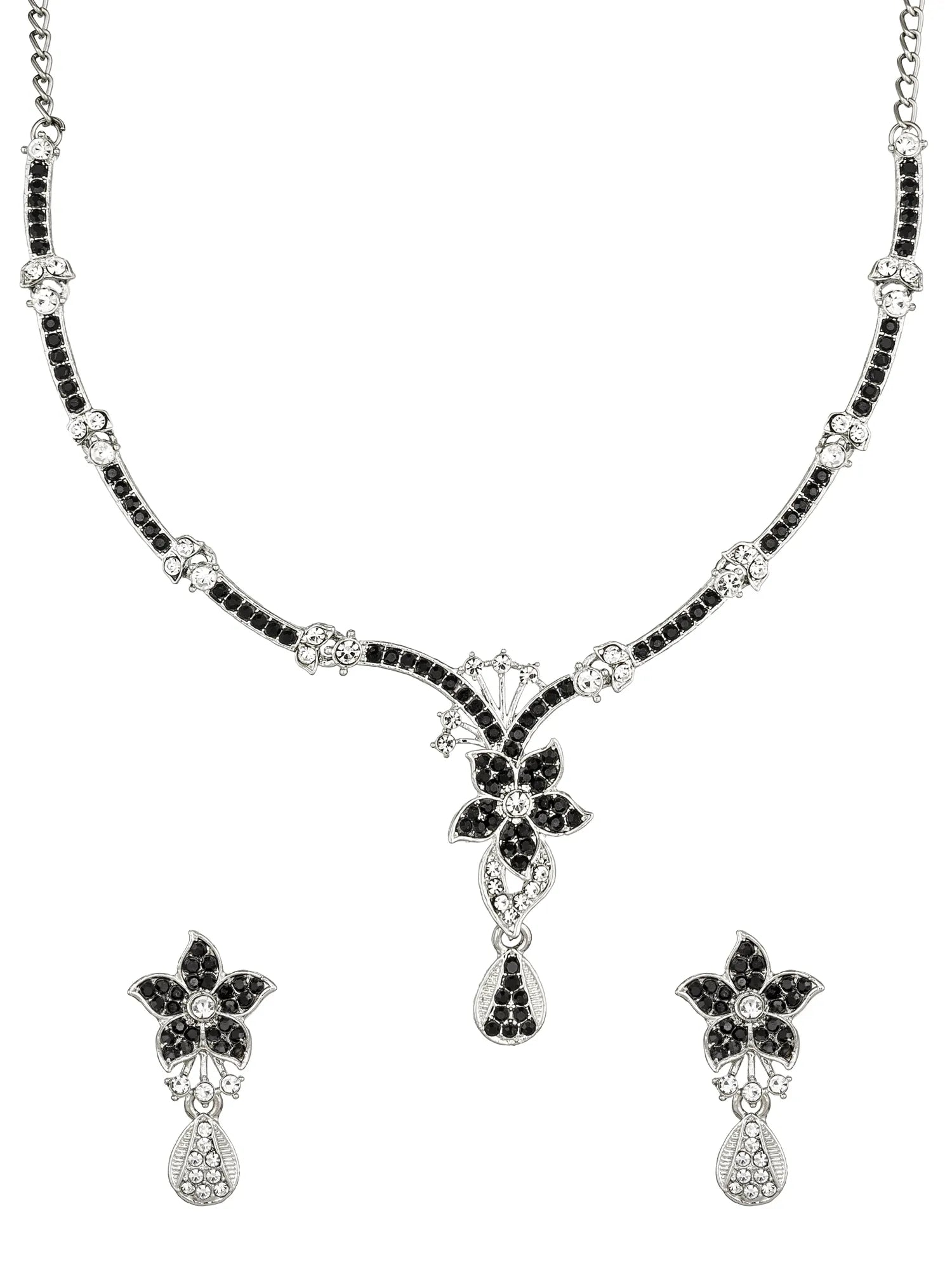 Jewelry set with necklace and earrings featuring black and silver design on a white background