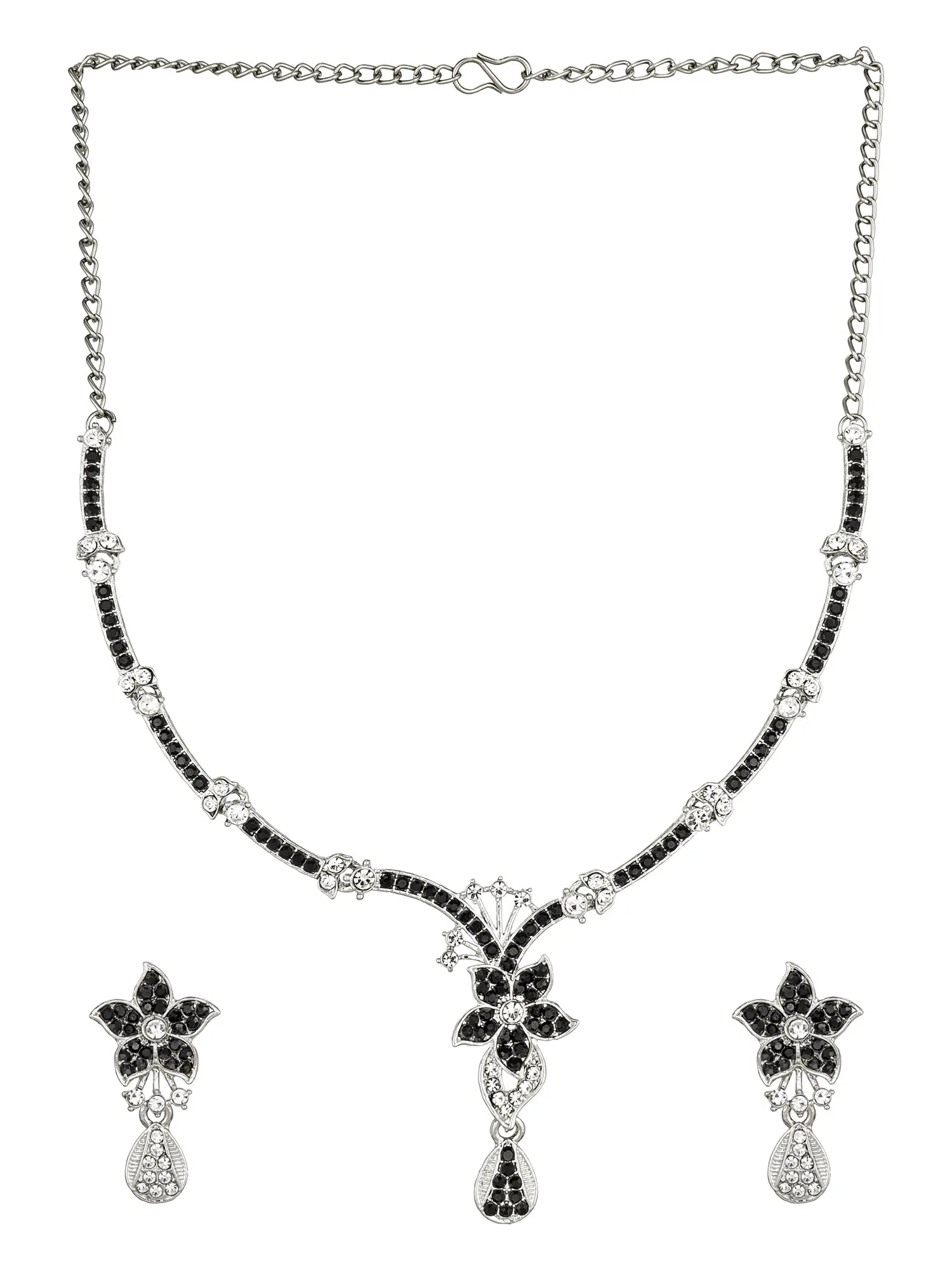 Necklace and earrings set with black and silver design on a white background