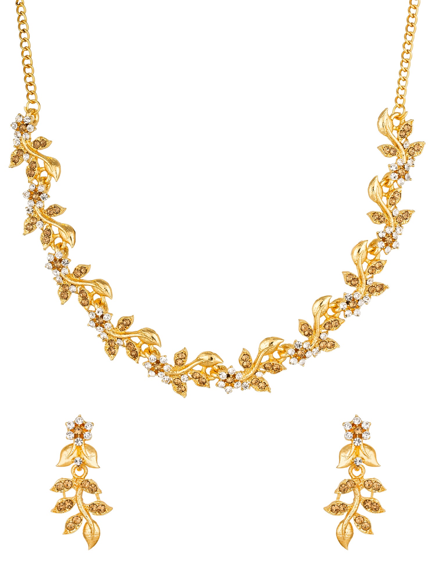 Aadita Festive Wear Gold-Toned Floral Vine Leaf Necklace Set with Champagne and White Stone Earrings