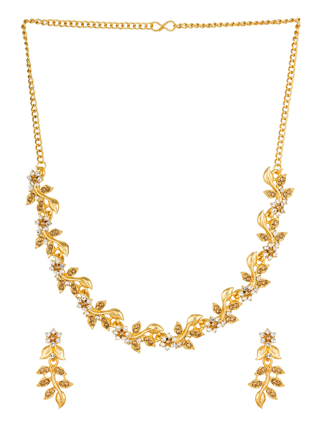 Aadita Festive Wear Gold-Toned Floral Vine Leaf Necklace Set with Champagne and White Stone Earrings