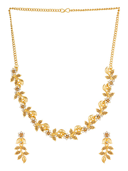 Aadita Festive Wear Gold-Toned Floral Vine Leaf Necklace Set with Champagne and White Stone Earrings