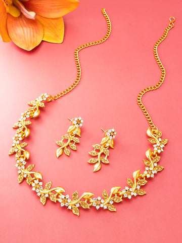 Festive Wear Gold-Toned Floral Vine Necklace Set with Stone Earrings