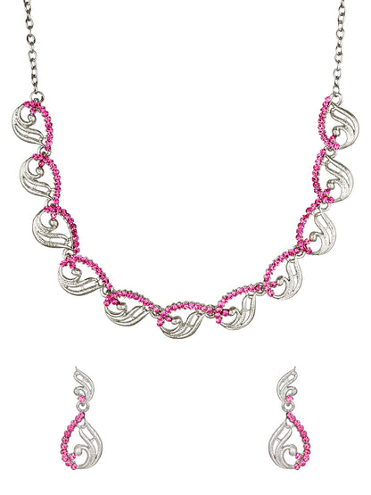 Aadita Party Wear Silver-Toned Pink Stone Scroll Wave Necklace Set with Drop Earrings