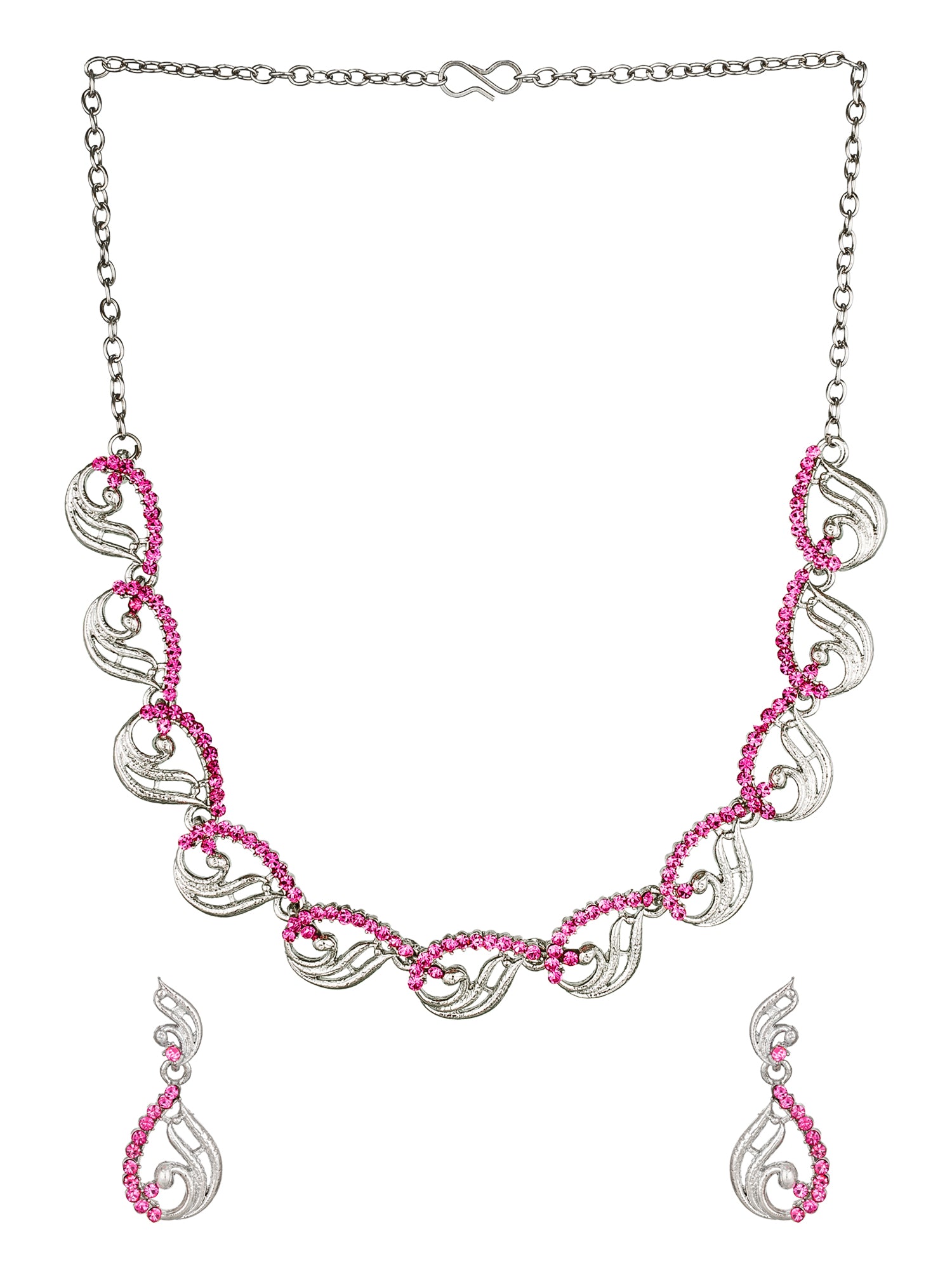 Aadita Party Wear Silver-Toned Pink Stone Scroll Wave Necklace Set with Drop Earrings